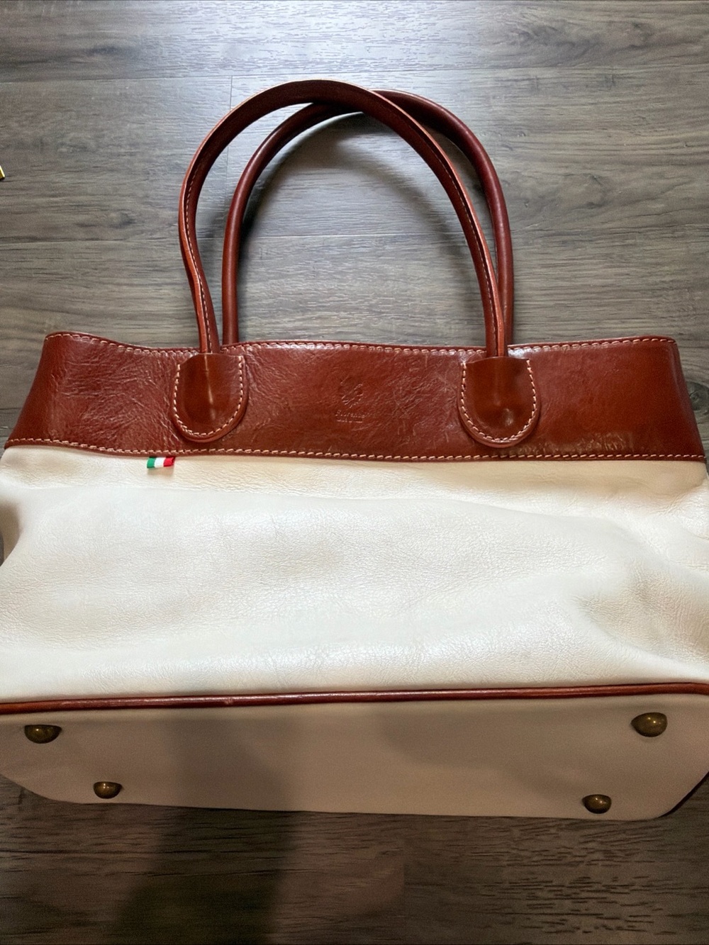Florence Italy Cream and Brown Leather Trim Tote Bag